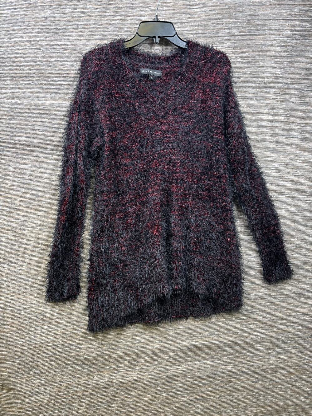 Rock & Republic Knit Sweater Womens Size L Red Metallic & Black Hairy Boho